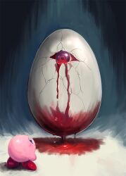  :o bleeding blood blood_drip blue_eyes commentary_request crack egg floating highres kirby kirby_(series) leon_no_neko monster no_humans partially_cracked_egg red_eyes 