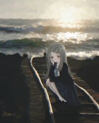  1girl absurdres asahinagi_shio blonde_hair colored_eyelashes commentary_request faux_traditional_media full_body gakuen_idolmaster hair_ornament hairclip hand_on_own_cheek hand_on_own_face highres idolmaster long_hair long_sleeves looking_at_viewer ocean orange_eyes railroad_tracks sailor_collar shinosawa_hiro shoes shore skirt smile solo 