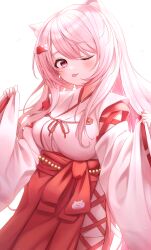  1girl :p ;p absurdres animal_ear_fluff animal_ears backlighting bead_belt beads blush breasts cat_ears closed_mouth clothing_cutout commentary cross-laced_clothes cross-laced_skirt detached_sleeves english_commentary eyelashes fingernails hair_ornament hairclip hakama hands_up highres japanese_clothes kimono large_breasts light_particles long_hair long_sleeves looking_at_viewer miko nijisanji obi one_eye_closed pink_eyes pink_hair pomeo_dayo red_hakama red_ribbon red_sash red_skirt ribbon ribbon-trimmed_sleeves ribbon_trim sash shiina_yuika shiina_yuika_(3rd_costume) side_cutout sidelocks skirt sleeves_past_wrists smile solo swept_bangs tongue tongue_out underbust virtual_youtuber white_background white_kimono wide_sleeves 
