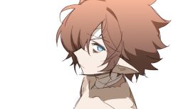  1boy alternate_eye_color alternate_hair_color anpolly bandage_on_forehead bandaged_neck bandages blue_eyes brown_hair closed_mouth collarbone commentary_request hair_between_eyes long_pointy_ears looking_at_viewer male_focus pointy_ears portrait profile scar sekaiju_no_meikyuu sekaiju_no_meikyuu_5 short_hair simple_background solo warlock_(sekaiju) warlock_1_(sekaiju) white_background 