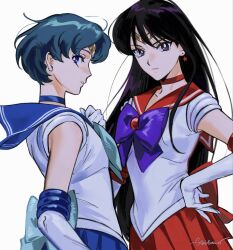  2girls atheko bishoujo_senshi_sailor_moon black_hair blue_bow blue_bowtie blue_choker blue_eyes blue_hair blue_sailor_collar blue_skirt bow bowtie choker circlet commentary_request earrings hand_on_own_hip highres hino_rei jewelry long_hair looking_at_viewer mizuno_ami multiple_girls purple_bow purple_bowtie red_choker red_sailor_collar red_skirt sailor_collar sailor_mars sailor_mercury sailor_senshi_uniform signature skirt star_(symbol) star_earrings 
