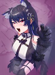  1girl abstract_background absurdres animal_ear_fluff animal_ears animal_hands argyle_clothes argyle_pantyhose asymmetrical_legwear black_necktie black_pantyhose black_thighhighs blush breast_strap breasts cat_ears cat_girl cat_paws clothing_cutout collared_shirt dress_shirt eyelashes fangs feather_trim from_above garter_straps hair_ornament hand_on_own_thigh hand_up highres hololive hololive_english kneeling large_breasts legs_together long_sleeves looking_at_viewer mismatched_legwear mole mole_under_eye necktie nerissa_ravencroft nerissa_ravencroft_(1st_costume) o-ring o-ring_legwear o-ring_thigh_strap open_mouth pantyhose paw_pose purple_background raised_inner_eyebrows red_eyes ribbed_shirt shirt shoulder_cutout single_leg_pantyhose single_thighhigh solo tassel tassel_hair_ornament thigh-highs thigh_strap virtual_youtuber white_shirt yodogama 