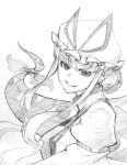  1girl commentary_request disembodied_eye gap_(touhou) hat hat_ribbon looking_at_viewer mob_cap monochrome one-hour_drawing_challenge portrait ribbon rivasan short_hair_with_long_locks sidelocks simple_background smile solo tabard touhou traditional_media white_background yakumo_yukari 