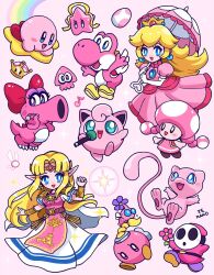 1boy 4girls :d arm_up armor arms_up artist_name bead_necklace beads belt birdo black_eyes blonde_hair blue_eyes blue_gem blush blush_stickers bombette bow bracer braid bright_pupils brown_shoes circlet claws commentary crown dress earrings egg eighth_note elbow_gloves eyelashes fairy floating_hair flower flower_on_head flying gem gloves gold_bracer gold_earrings hair_bow hand_up hands_on_own_cheeks hands_on_own_face hands_up heart heart_in_eye highres holding holding_flower holding_microphone holding_umbrella inkling_(swim_form) jewelry jigglypuff kirby kirby_(series) leg_up long_hair looking_at_viewer lying mamobot mask mew_(pokemon) microphone mini_crown misstar multiple_girls musical_note necklace new_super_mario_bros._u_deluxe on_stomach open_clothes open_mouth open_vest ornate_ring paper_mario_(series) paper_mario_64 parasol parted_bangs pauldrons pikmin_(creature) pikmin_(series) pink_background pink_belt pink_dress pink_flower pink_tabard pink_theme pink_umbrella pink_yoshi pointy_ears pokemon pokemon_(creature) princess_peach princess_zelda puffy_short_sleeves puffy_sleeves purple_flower purple_shoes rainbow red_bow red_gem red_vest riding ring shoes short_sleeves shoulder_armor shy_guy sidelocks simple_background singing sleeveless sleeveless_dress smile sparkle sphere_earrings splatoon_(series) squid standing standing_on_one_leg star_(symbol) super_crown super_mario_bros. symbol_in_eye tabard the_legend_of_zelda the_legend_of_zelda:_a_link_between_worlds toadette triforce triforce_print twintails umbrella untranslatable_commentary very_long_hair vest violet_eyes warp_star white_dress white_gem white_gloves white_pupils winged_pikmin wings yellow_shoes yoshi yoshi_egg 