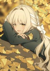  1girl absurdres autumn autumn_leaves blonde_hair blue_archive bow braid branch commentary_request from_side green_halo green_jacket hair_intakes hair_ribbon halo highres holding holding_leaf jacket leaf long_hair long_sleeves looking_at_viewer looking_to_the_side lying miyo_(blue_archive) on_ground on_stomach open_mouth ribbon ribbon_in_braid saku-ra_(sakura3hub) smile solo upper_body white_bow yellow_eyes 