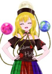  1girl :d absurdres bare_shoulders black_choker black_shirt blonde_hair breasts chain choker closed_eyes clothes_writing commentary_request cowboy_shot dot_nose earth_(ornament) facing_viewer gold_chain happy hecatia_lapislazuli highres long_hair moon_(ornament) multicolored_skirt off-shoulder_shirt off_shoulder open_mouth rakugaki_kontena shirt short_sleeves simple_background skirt small_breasts smile solo split_mouth t-shirt touhou underworld_(ornament) variant_set white_background 