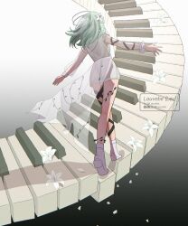  1girl absurdres aqua_hair arm_vines bang_dream! bang_dream!_our_notes boots dress flower hair_flower hair_ornament highres instrument lauvebe lily_(flower) medium_hair millsage_(bang_dream!) piano piano_keys sawami_kanata shiomi_hotaru solo vine_on_leg walking walking_on_piano_keys white_boots white_dress white_flower white_lily 