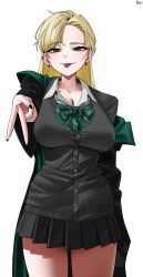  1girl absurdres black_robe black_skirt blonde_hair breasts collared_shirt cowboy_shot ear_piercing genderswap genderswap_(mtf) green_robe grey_eyes gyaru harry_potter_(series) highres hogwarts_school_uniform large_breasts long_hair long_sleeves looking_at_viewer malfoid ong_doi piercing pleated_skirt robe school_uniform shirt simple_background skirt slytherin solo tongue tongue_out two-sided_fabric two-sided_robe v white_background white_shirt wide_sleeves wizarding_world 