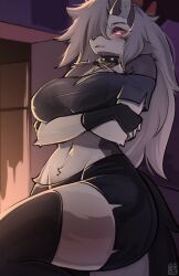  1girl absurdres animal_ears animal_nose body_fur breasts collar colored_sclera commentary english_commentary furry furry_female grey_fur grey_hair hellaverse helluva_boss highres large_breasts long_hair looking_at_viewer loona_(helluva_boss) red_sclera sk3tchk4t snout solo spiked_collar spikes tail thigh-highs two-tone_fur white_eyes white_fur wolf_ears wolf_girl wolf_tail 