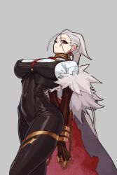  1girl antenna_hair black_bodysuit black_cape black_vest bodysuit breasts cape clawed_gauntlets covered_navel fur-trimmed_cape fur_trim genderswap genderswap_(mtf) grey_hair hair_slicked_back highres horus_lupercal large_breasts podobrick red_cape red_eyes shirt short_hair simple_background two-sided_fabric vest warhammer_40k white_shirt 