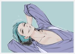  1boy arms_behind_head blue_background blue_hair commentary_request floyd_leech grey_eyes grin half-closed_eyes heterochromia highres looking_at_viewer lying male_focus monyo_twst octavinelle_dorm_uniform on_back purple_shirt sharp_teeth shirt short_hair simple_background smile solo teeth twisted_wonderland upper_body yellow_eyes 