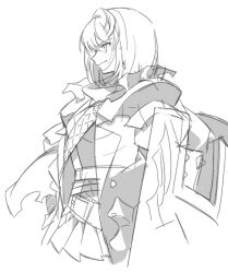  1girl anpolly armor belt closed_mouth commentary_request cowboy_shot dragoon_(sekaiju) dragoon_4_(sekaiju) earrings greyscale holding holding_shield jewelry looking_ahead monochrome pauldrons profile sekaiju_no_meikyuu sekaiju_no_meikyuu_5 shield short_hair shoulder_armor simple_background sketch skirt smile solo white_background 