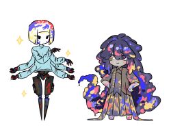  2girls android blue_eyes blue_hair blue_pupils blue_sweater bob_cut colored_skin commentary_request extra_arms grey_skin heterochromia highres korean_commentary limbus_company long_hair mismatched_pupils multiple_girls nyxng0 palette_(project_moon) project_moon proud putty_(project_moon) red_pupils siblings sidelocks sisters sweater very_long_hair white_hair white_skin yellow_eyes 