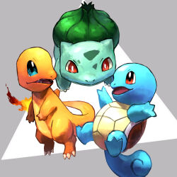  af_(afloatisland) blue_eyes bright_pupils bulbasaur charmander claws commentary_request fire flame-tipped_tail full_body grey_background highres nostrils open_mouth pokemon pokemon_(creature) red_eyes squirtle starter_pokemon_trio tail white_pupils 