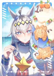  1girl absurdres agnes_digital_(umamusume) ahoge animal_ears blue_eyes bowl carat_(umamusume) carrot character_cookie condensed_milk cookie dia_(7dia_kmrhntr) drooling el_condor_pasa_(umamusume) food glutton highres holding holding_bowl holding_spoon horse_ears horse_girl long_hair looking_at_food ocean oguri_cap_(starlight_beat)_(umamusume) oguri_cap_(umamusume) outdoors oversized_food oversized_object sailor_collar school_uniform shaved_ice signature solo spoon umamusume watermark white_hair 