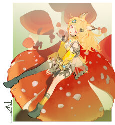  1girl animal_ears arknights arknights:_endfield asymmetrical_legwear bare_shoulders between_legs black_gloves black_shorts black_thighhighs border breasts brown_hair ceobe_(arknights) chinese_commentary commentary_request crop_top detached_sleeves dog_ears dog_girl dog_tail fangs fingerless_gloves from_above full_body giant_mushroom gloves hair_ornament hand_between_own_legs highres long_hair looking_at_viewer medium_breasts mushroom on_mushroom open_mouth outside_border outstretched_legs red_eyes short_shorts shorts solo tail thigh-highs thigh_strap uneven_legwear white_border youli_gui 