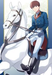  1boy absurdres amuro_ray belt black_belt black_boots blue_coat blue_eyes blurry blurry_background boots bridle brown_eyes coat collared_shirt curly_hair dress_shirt formal_clothes full_body gloves gundam hair_between_eyes highres holding holding_reins horse horseback_riding knee_boots lapels long_sleeves looking_at_viewer male_focus mobile_suit_gundam necktie notched_lapels oh_syz pants reins riding saddle shirt short_hair stirrups_(riding) tree white_gloves white_horse white_necktie white_pants white_shirt 