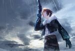  1boy belt black_jacket brown_hair clouds cofffee final_fantasy final_fantasy_viii fur_trim gloves gunblade holding holding_weapon jacket jewelry male_focus necklace rain scar scar_on_face short_hair solo squall_leonhart weapon 