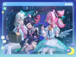  3girls absurdres aqua_nails aria_(human)_(zenless_zone_zero) aria_(zenless_zone_zero) arm_warmers black_choker black_hair black_nails black_skirt blue_eyes blue_hair blue_nails blunt_bangs bow box cardboard_box cellphone choker closed_eyes closed_mouth collared_shirt colored_inner_hair commentary detached_sleeves dress drill_hair english_commentary finger_to_mouth fingerless_gloves flip_phone frills gloves grey_hair hair_ornament hair_over_one_eye hairclip heart heart_o-ring highres holding holding_box holding_phone index_finger_raised jewelry leaning_on_person long_hair long_sleeves multicolored_hair multiple_girls nail_polish nangong_yu nangong_yu_(rhapsody's_muse) necktie o-ring official_alternate_costume official_art phone pink_hair puffy_short_sleeves puffy_sleeves red_necktie sailor_collar shirt short_hair short_sleeves shushing single_thighhigh sitting skirt sleeping sleeping_on_person sleeping_upright smartphone smile spikes star_(symbol) streaked_hair sunna_(zenless_zone_zero) thigh-highs twin_drills twintails white_dress white_gloves white_sailor_collar white_shirt white_thighhighs window_(computing) wings yellow_eyes zenless_zone_zero zzz 
