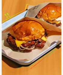  ! !! border burger cheese emphasis_lines food food_focus food_wrapper joshua_cheney no_humans on_table onion original photoshop_(medium) realistic table tray warm_colors white_border 