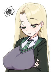  1girl absurdres arms_under_breasts black_robe blonde_hair blush breasts cardigan closed_mouth confused crossed_arms earrings eyelashes genderswap genderswap_(mtf) green_eyes green_hood green_necktie hang_g0923 harry_potter_(series) highres hogwarts_school_uniform hood hood_down hoop_earrings jewelry large_breasts long_hair looking_at_viewer malfoid necktie raised_eyebrow ringed_eyes robe school_uniform shirt simple_background slytherin solo speech_bubble striped_clothes striped_necktie sweatdrop upper_body white_background white_shirt wizarding_world 