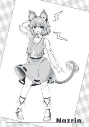  0-den 1girl absurdres animal_ears basket blush character_name comedic_sweatdrop commentary_request full_body highres holding holding_with_tail jewelry long_sleeves looking_at_viewer lotus_eaters mouse_(animal) mouse_ears mouse_girl mouse_tail nazrin necklace official_alternate_costume open_mouth pendant prehensile_tail sandals see-through_clothes see-through_sleeves shirt short_hair skirt smile solo tail toes touhou vest 