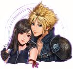  1boy 1girl absurdres arm_ribbon bare_shoulders black_gloves black_vest blue_eyes closed_mouth cloud_strife commentary commission couple cropped_torso earrings english_commentary final_fantasy final_fantasy_vii final_fantasy_vii_advent_children gloves hand_on_another&#039;s_shoulder head_tilt heads_together height_difference highres jewelry lips long_hair looking_at_viewer popped_collar red_eyes red_ribbon ribbed_shirt ribbon shirt short_hair signature single_earring single_shoulder_pad single_sidelock sleeveless sleeveless_shirt smile spiky_hair stud_earrings swept_bangs tank_top teardrop_earrings tifa_lockhart upper_body vest watermark white_tank_top xriviia zipper 