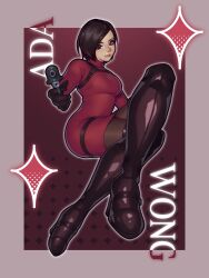  1girl ada_wong aiming aiming_at_viewer black_boots black_gloves black_hair black_pantyhose boots border breasts brown_eyes casserol3 character_name chest_harness closed_mouth commentary crossed_legs dress finger_on_trigger floating full_body gloves grey_border gun handgun harness high_heel_boots high_heels highres holding holding_gun holding_weapon looking_at_viewer medium_breasts pantyhose parted_bangs red_dress resident_evil resident_evil_4 resident_evil_4_(remake) short_hair solo sparkle thigh_boots turtleneck turtleneck_dress weapon 