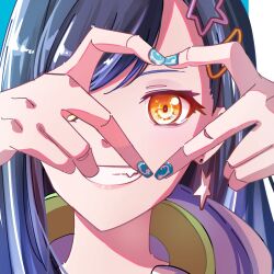  1girl black_hair chinese_commentary commentary_request earrings fingernails four-finger_heart_hands grin hair_ornament hairclip hands_up heart heart_hands jewelry long_hair looking_at_viewer nail_polish nei_(nnniiion) orange_eyes project_sekai shiraishi_an smile solo star_(symbol) star_earrings 
