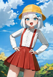  1girl ai-generated hat highres pleated_skirt red_skirt shirt skirt solo suspender_skirt suspenders white_shirt yellow_hat 