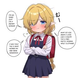  1girl :t absurdres annoyed backpack bag blonde_hair blue_dress blue_eyes blush braid braided_ponytail child closed_mouth cowboy_shot crossed_arms dress english_text hair_over_one_eye hanakaji_(yuuchanto) highres long_hair looking_at_viewer neck_ribbon original pointy_ears pout randoseru red_bag red_ribbon ribbon sailor_dress school_uniform shirt sidelocks simple_background solo speech_bubble very_long_hair white_background white_shirt 