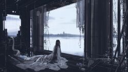  1girl abandoned black_hair broken_window building commentary dilapidated japanese_clothes kimono lamia long_hair monster_girl moss muted_colors original overgrown quacx3 rain ruins scales scenery snake_girl white_kimono wreckage 