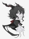  1boy animal_ears arknights ascot black_hair black_shirt collared_shirt ebenholz_(arknights) goat_boy goat_ears goat_horns hair_between_eyes hair_ribbon highres horns long_hair looking_at_viewer male_focus parted_lips ponytail portrait red_ribbon ribbon rio_(rio773) shirt signature simple_background solo twitter_username violet_eyes white_ascot white_background 
