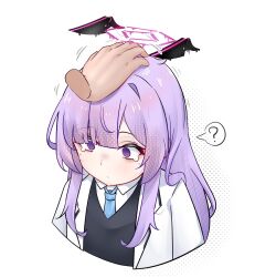  1boy 1girl ? black_sweater blue_archive blue_necktie coat collared_shirt commentary_request cropped_torso disembodied_hand halo headpat highres lab_coat mcr_roggle motion_lines necktie purple_hair purple_halo shirt simple_background spoken_question_mark sweater tearing_up utaha_(blue_archive) violet_eyes white_background white_coat white_shirt 