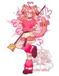  +++ 1girl ahoge animal_ear_fluff animal_ears bandaid bandaid_on_leg bell bell_earrings belt bow bracelet breasts cat_ears cat_girl cat_tail collar commentary deltarune dot_nose earrings english_commentary eyes_visible_through_hair finger_to_cheek fingerless_gloves foot_up_heel_up gloves green_eyes heart heart_ahoge highres jewelry kharxsho large_breasts layered_skirt leg_warmers long_hair looking_at_viewer mad_mew_mew miniskirt neck_bell pink_hair pink_leg_warmers pink_shirt reference_inset shirt skirt solo sparkle staff standing standing_on_one_leg tail tail_bow tail_ornament utdr_(toby_fox) 