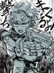  1girl alternator angry animification apex_legends cable freckles greyscale gun hair_behind_ear holding holding_gun holding_weapon horizon_(apex_legends) monochrome mononobex motion_lines open_mouth short_hair solo submachine_gun translation_request upper_body v-shaped_eyebrows weapon 