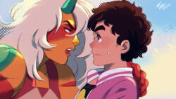  1boy 1girl animification closed_mouth colored_skin derivative_work from_side gem gem_(steven_universe) green_horns highres horns jacket jasper_(steven_universe) jasper_(uncorrupted)_(steven_universe) lips long_hair monster_girl muscular muscular_female nose_jewel open_mouth orange_skin screenshot_redraw steven_quartz_universe steven_universe steven_universe_future striped_skin sweatdrop tanosan96 upper_body white_hair yellow_eyes 