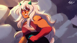  1girl colored_skin derivative_work gem gem_(steven_universe) green_horns grin highres horns jasper_(steven_universe) jasper_(uncorrupted)_(steven_universe) long_hair muscular muscular_female nose_jewel orange_skin screenshot_redraw smile steven_universe steven_universe_future striped_skin tanosan96 upper_body white_hair 