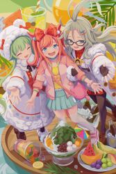  3girls absurdres agnes_digital_(umamusume) ahoge animal_ears arm_hug black_thighhighs blue_archive blue_skirt closed_eyes coat commentary_request crossover food from_above fruit full_body fur_coat glasses green_hair grey_hair highres horse_ears horse_girl huge_ahoge looking_at_viewer meru_(blue_archive) momiji_(blue_archive) multiple_girls oversized_food oversized_object parfait pink_hair shirt sin2a+cos2a=1 skirt smile standing thigh-highs tray umamusume white_coat white_thighhighs yellow_shirt zettai_ryouiki 