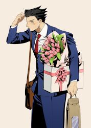  1boy absurdres ace_attorney arm_up bag black_eyes black_hair blue_pants blue_suit blush bouquet box brown_bag buttons closed_mouth collared_shirt flower frown gift gift_box highres holding holding_bag holding_bouquet jacket layered_sleeves leaf long_sleeves male_focus necktie osjja1 pants phoenix_wright pink_flower pink_ribbon plant profile red_necktie ribbon shirt short_hair simple_background solo standing suit suit_jacket suit_pants tulip very_short_hair white_shirt wing_collar 