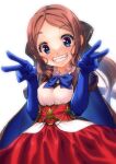  1girl aged_down black_bow blue_bow blue_bowtie blue_cape blue_gloves blush bow bowtie breasts brown_hair cape double_v elbow_gloves fangs fate/grand_order fate_(series) gloves grin hair_bow highres leonardo_da_vinci_(fate) leonardo_da_vinci_(rider)_(fate) long_hair looking_at_viewer low_ponytail parted_bangs parted_hair puffy_short_sleeves puffy_sleeves red_skirt shirt short_sleeves simple_background skirt small_breasts smile solo two-sided_cape two-sided_fabric underbust upper_body utage_nicholas v white_background white_shirt 
