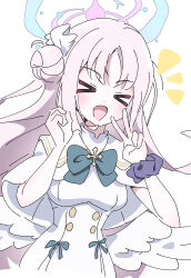  >_< 1girl absurdres angel_wings black_scrunchie blue_archive blue_bow blue_bowtie blush bow bowtie breasts buttons capelet closed_eyes commentary curled_fingers double-breasted dress facing_viewer feathered_wings gradient_halo hair_bun hair_ornament hair_scrunchie halo hands_up highres hutsugyou long_hair low_wings medium_breasts mika_(blue_archive) multicolored_halo notice_lines open_mouth pink_hair pink_halo scrunchie side_up_bun simple_background single_hair_bun single_side_bun sleeveless sleeveless_dress smile solo untranslatable_commentary upper_body v very_long_hair white_background white_capelet white_dress white_scrunchie white_wings wings wrist_scrunchie 