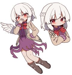  1girl blush boots bow bowtie brown_boots commentary crossed_arms dress feathered_wings full_body grey_hair highres jacket kishin_sagume korean_commentary looking_at_viewer magg_(user_mtca8588) medium_hair multiple_views open_clothes open_jacket purple_dress red_bow red_bowtie red_eyes simple_background single_wing touhou white_background white_wings wings yellow_jacket 