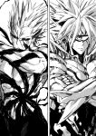  2boys abs absurdres armor chikidney closed_mouth colored_sclera crossed_arms garou_(one-punch_man) highres injury light_smile lord_boros male_focus monochrome multiple_boys muscular muscular_male one-eyed one-punch_man pointy_ears scar scar_on_face spiked_arm spiky_hair topless_male upper_body white_background 