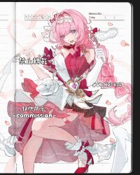  1girl absurdres artist_request blue_eyes braid breasts chinese_commentary commentary_request commission dress elf elysia_(honkai_impact) eye_mask gloves hairband high_heels highres holding holding_mask honkai_(series) honkai_impact_3rd large_breasts long_hair looking_at_viewer mask open_mouth paper_background pink_hair pointy_ears red_dress second-party_source single_glove smile socks solo thighs two-tone_dress very_long_braid very_long_hair white_dress white_gloves white_hairband white_socks 