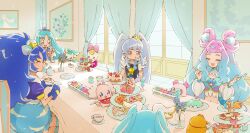  5girls animal_ears blue_bow blue_choker blue_eyes blue_gloves blue_hair blue_nails blue_theme bow brooch choker closed_eyes coffret_(precure) commentary_request crown cup cure_gelato cure_la_mer cure_marine cure_princess cure_sky curtains earrings eating eyelash_ornament food gloves gold_crown gradient_hair hair_ornament happinesscharge_precure! heart heart_brooch heartcatch_precure! high_ponytail highres hirogaru_sky!_precure in-franchise_crossover jewelry kirakira_precure_a_la_mode kurumi_erika kururun_(precure) laura_la_mer lion_ears long_hair looking_at_another magical_girl midriff multicolored_hair multiple_girls navel open_mouth pearl_hair_ornament pekorin_(precure) pink_hair pointed_crown ponytail precure ribbon_(precure) shirayuki_hime_(precure) skirt smile sora_harewataru sphere_hair_ornament sweets tategami_aoi tea teacup tropical-rouge!_precure twintails very_long_hair white_sleeves wing_hair_ornament wrist_cuffs yuu13 yuunagi_tsubasa yuunagi_tsubasa_(bird) 