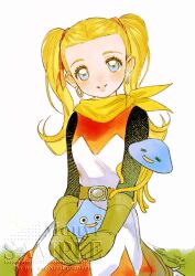  1girl 2026 belt black_sleeves blonde_hair blue_eyes breasts brown_belt character_name commentary_request creature dragon_quest dragon_quest_builders_2 dress earrings female_builder_(dqb2) gloves hair_ribbon healslime highres holding holding_creature hoop_earrings jewelry long_hair looking_at_viewer medium_breasts mouyi neckerchief parted_lips red_dress red_ribbon ribbon sample_watermark signature slime_(dragon_quest) smile sparkle twintails two-tone_dress watermark white_dress yellow_gloves yellow_neckerchief 