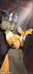  1girl absurdres bare_shoulders blue_pants breasts brown_background brown_hair copyright_name copyright_notice facing_away from_side hands_up highres large_breasts logo long_shirt mittens official_art official_wallpaper pants pot_on_head shirt short_hair short_sleeves solo upper_body xinyue_tongxing xufei_(xinyue_tongxing) yellow_mittens yellow_shirt 