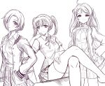  3girls character_request crossed_legs hair_over_eyes hands_in_pockets highres idolmaster long_sleeves looking_at_viewer monochrome multiple_girls nice_knee_socks_day plaid plaid_skirt school_uniform shirasaka_koume shirt short_hair skirt smile thigh-highs thighs white_background zaofeng 