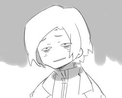  1boy anpolly bags_under_eyes coat commentary_request constricted_pupils grey_background greyscale head_tilt high_collar lapels male_focus medic_(sekaiju_4) medic_3_(sekaiju_4) monochrome open_clothes open_coat parted_bangs portrait sekaiju_no_meikyuu sekaiju_no_meikyuu_4 short_hair smile solo two-tone_background white_background 